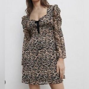 Zara Animal Print Black Tan Puffy Shoulder Long Sleeve Mini Dress Women Medium